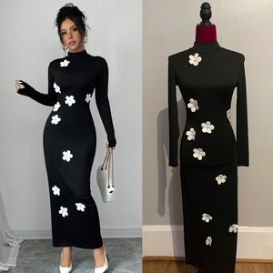 SHEIN White Floral Decor Black Stand Collar Long Sleeve Maxi Dress Size XXS